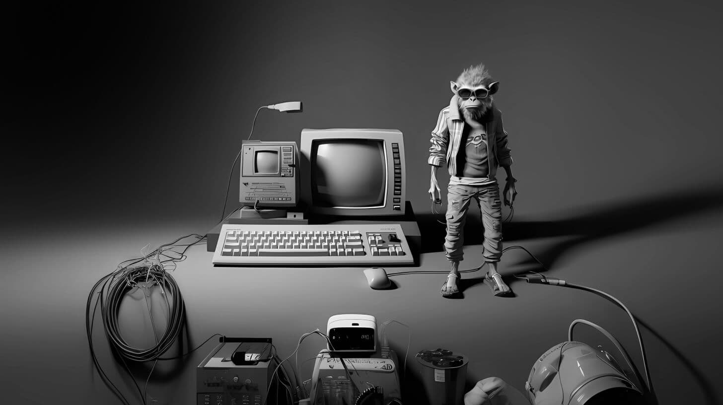 This stylish cybernetic baboon is wearing a skirt, a shirt, a pants and exudes a hipster vibe. A mobile phone and a computer.
